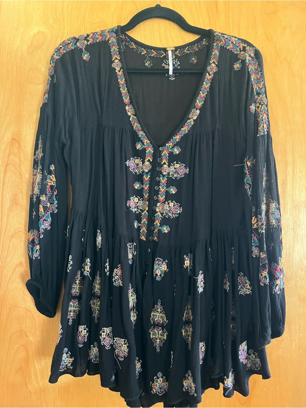 Free People Black Embroidered V-Neck Tunic Top